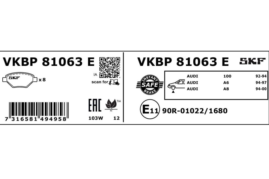 Jogo de 4 pastilhas de travão SKF ref. VKBP 81063 E